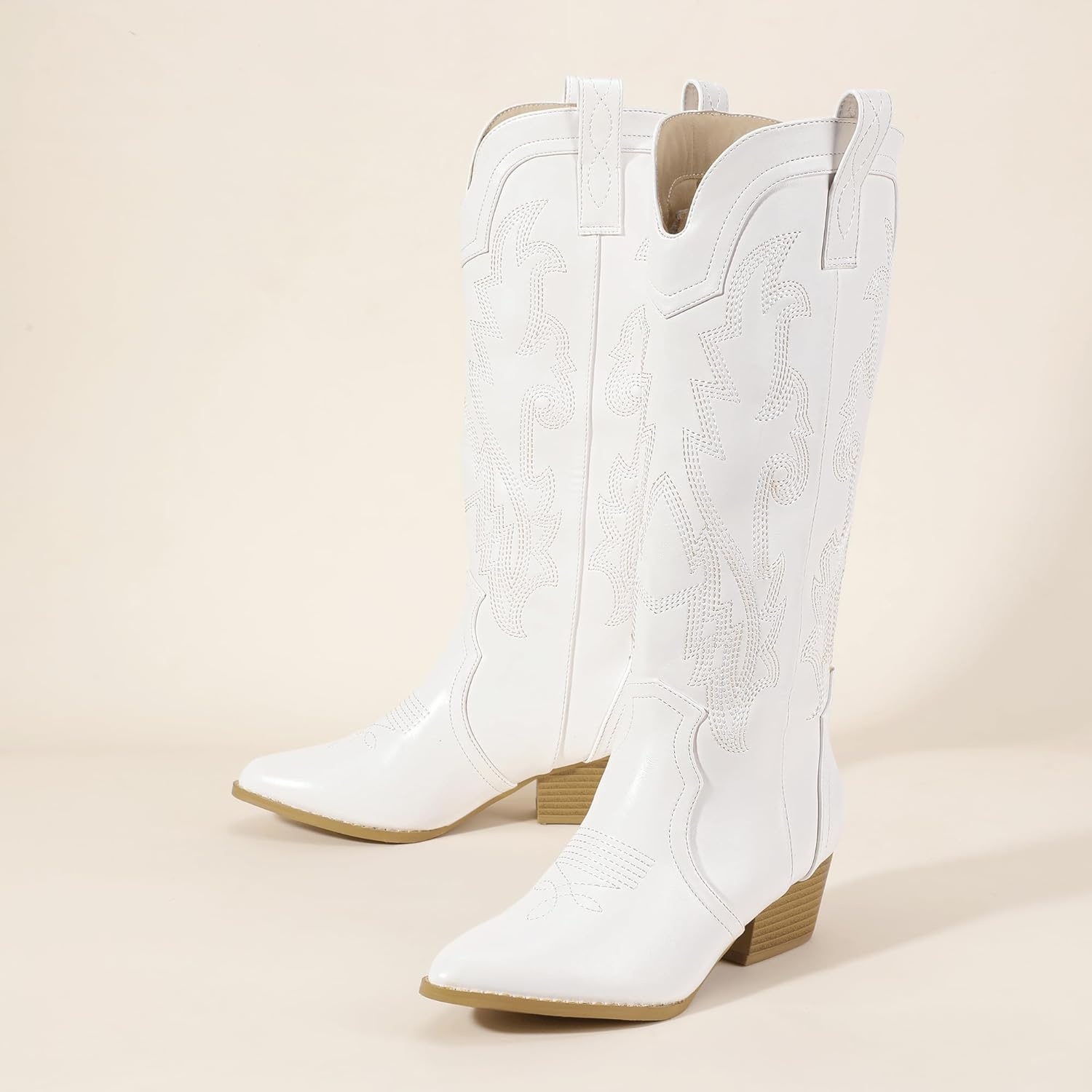 image:imageIDIFU IN2 Cowboy Boots For Women Cowgirl Knee High Western Tall Boots Chunky Low Pointed Toe Heel Boots Fashion Booties for Women Embroidered Wedding Country Concert BootsWhite