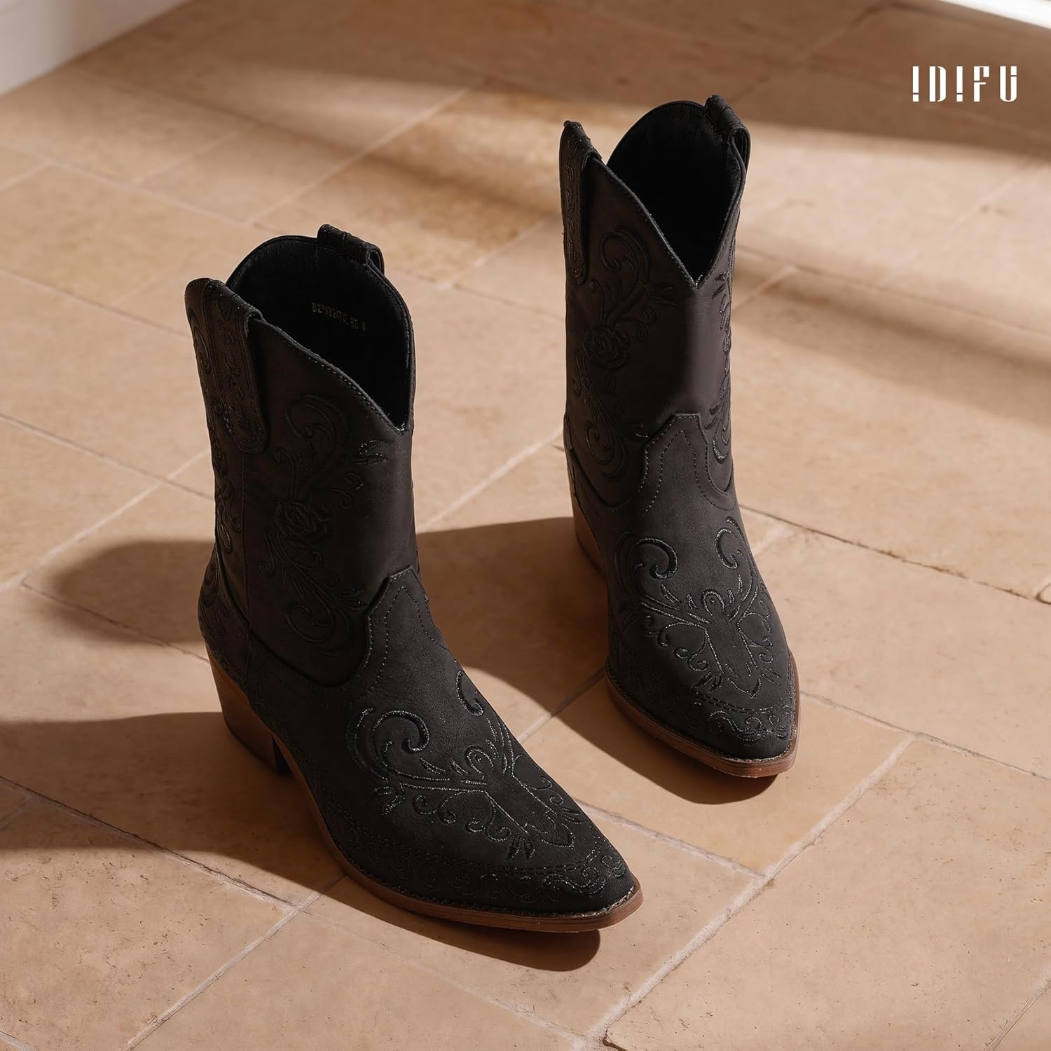image:imageIDIFU IN2 Cowboy Boots for Women Cowgirl Western Ankle Boots Embroidered Stitched Pointed Toe Short Low Chunky Heel Dress Boots Comfortable Country Cute Fashion Vintage Classic BootiesBlack