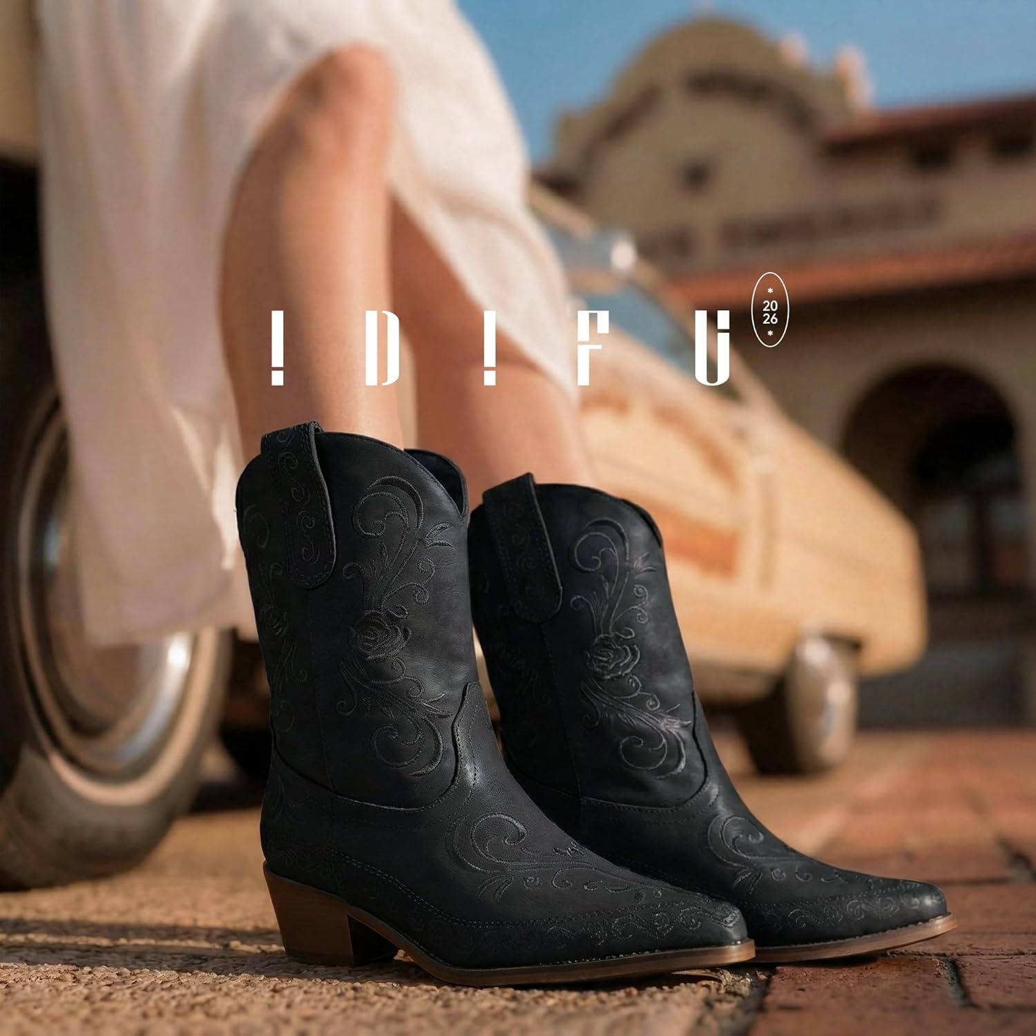 image:imageIDIFU IN2 Cowboy Boots for Women Cowgirl Western Ankle Boots Embroidered Stitched Pointed Toe Short Low Chunky Heel Dress Boots Comfortable Country Cute Fashion Vintage Classic BootiesBlack