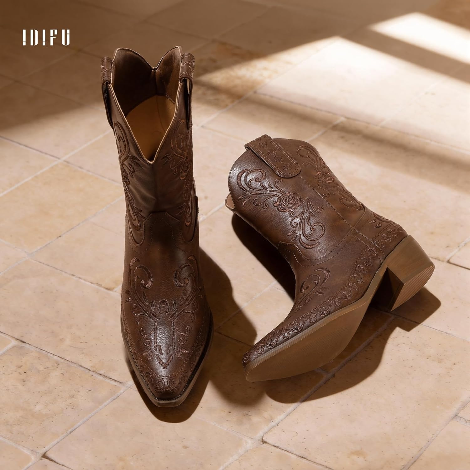 image:imageIDIFU IN2 Cowboy Boots for Women Cowgirl Western Ankle Boots Embroidered Stitched Pointed Toe Short Low Chunky Heel Dress Boots Comfortable Country Cute Fashion Vintage Classic BootiesBrown