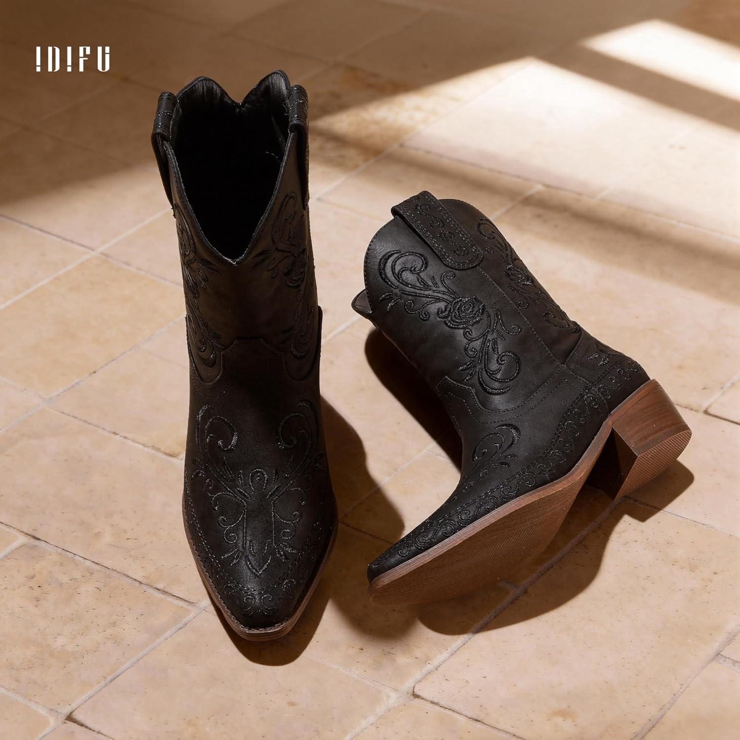 image:imageIDIFU IN2 Cowboy Boots for Women Cowgirl Western Ankle Boots Embroidered Stitched Pointed Toe Short Low Chunky Heel Dress Boots Comfortable Country Cute Fashion Vintage Classic BootiesBlack