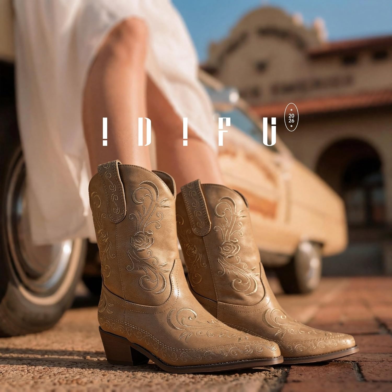 image:imageIDIFU IN2 Cowboy Boots for Women Cowgirl Western Ankle Boots Embroidered Stitched Pointed Toe Short Low Chunky Heel Dress Boots Comfortable Country Cute Fashion Vintage Classic BootiesTan