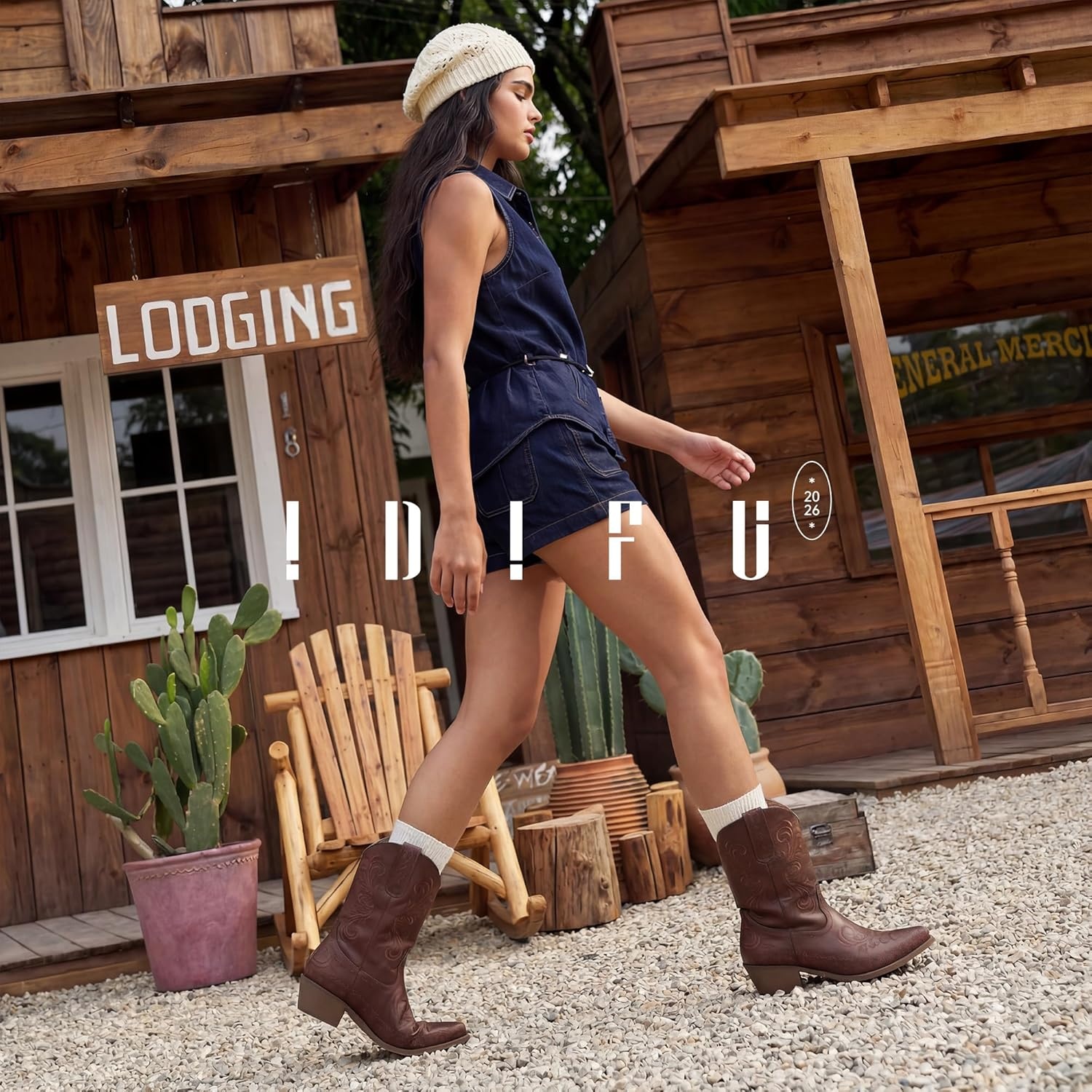 image:imageIDIFU IN2 Cowboy Boots for Women Cowgirl Western Ankle Boots Embroidered Stitched Pointed Toe Short Low Chunky Heel Dress Boots Comfortable Country Cute Fashion Vintage Classic BootiesBrown
