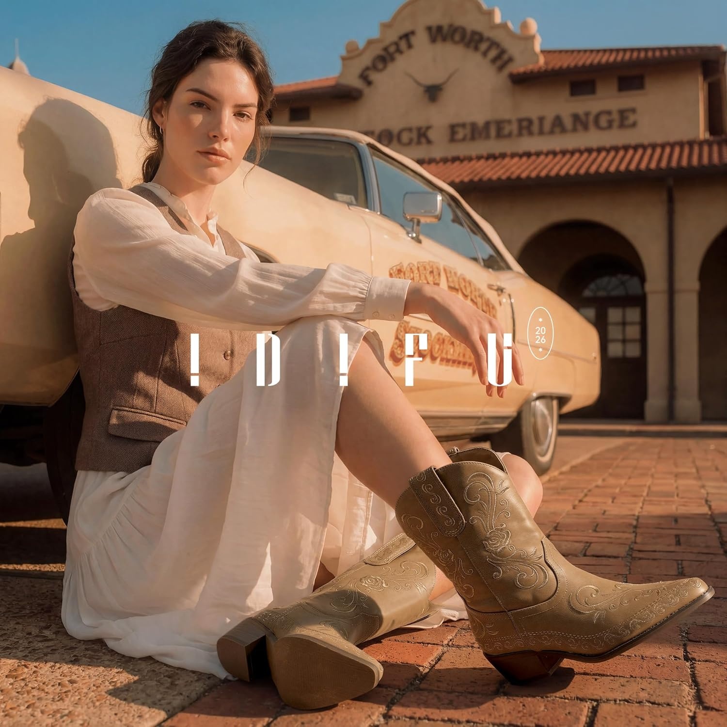 image:imageIDIFU IN2 Cowboy Boots for Women Cowgirl Western Ankle Boots Embroidered Stitched Pointed Toe Short Low Chunky Heel Dress Boots Comfortable Country Cute Fashion Vintage Classic BootiesTan