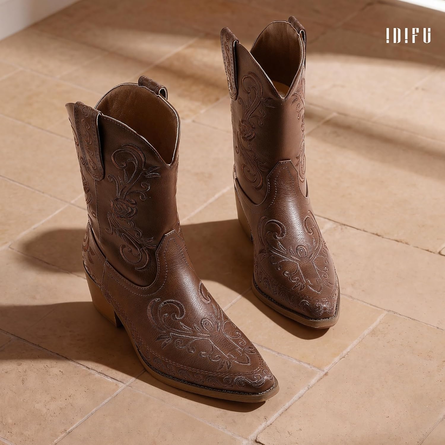 image:imageIDIFU IN2 Cowboy Boots for Women Cowgirl Western Ankle Boots Embroidered Stitched Pointed Toe Short Low Chunky Heel Dress Boots Comfortable Country Cute Fashion Vintage Classic BootiesBrown