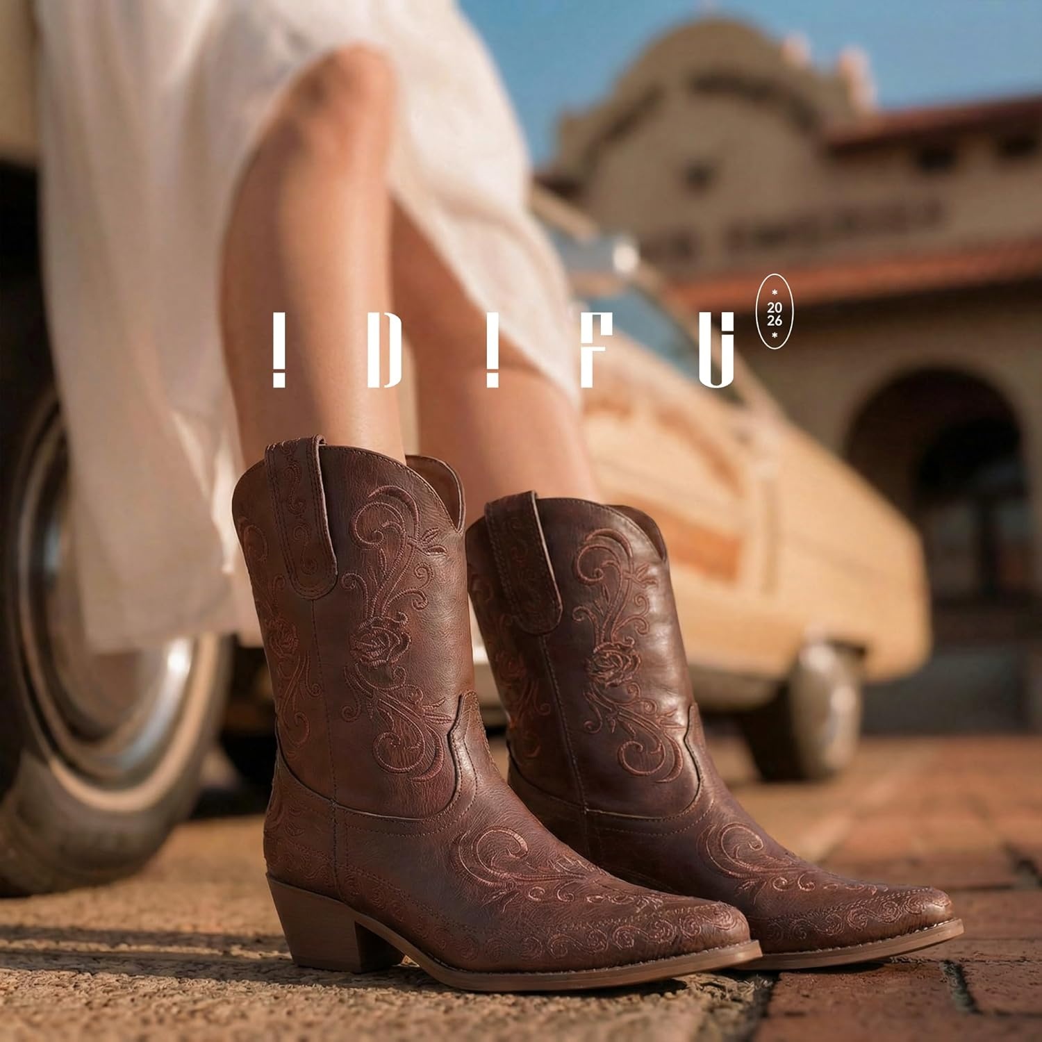 image:imageIDIFU IN2 Cowboy Boots for Women Cowgirl Western Ankle Boots Embroidered Stitched Pointed Toe Short Low Chunky Heel Dress Boots Comfortable Country Cute Fashion Vintage Classic BootiesBrown