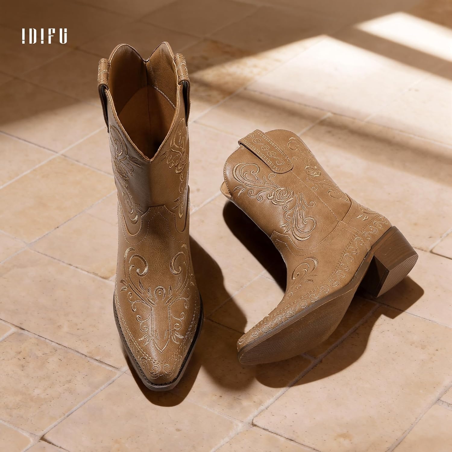 image:imageIDIFU IN2 Cowboy Boots for Women Cowgirl Western Ankle Boots Embroidered Stitched Pointed Toe Short Low Chunky Heel Dress Boots Comfortable Country Cute Fashion Vintage Classic BootiesTan