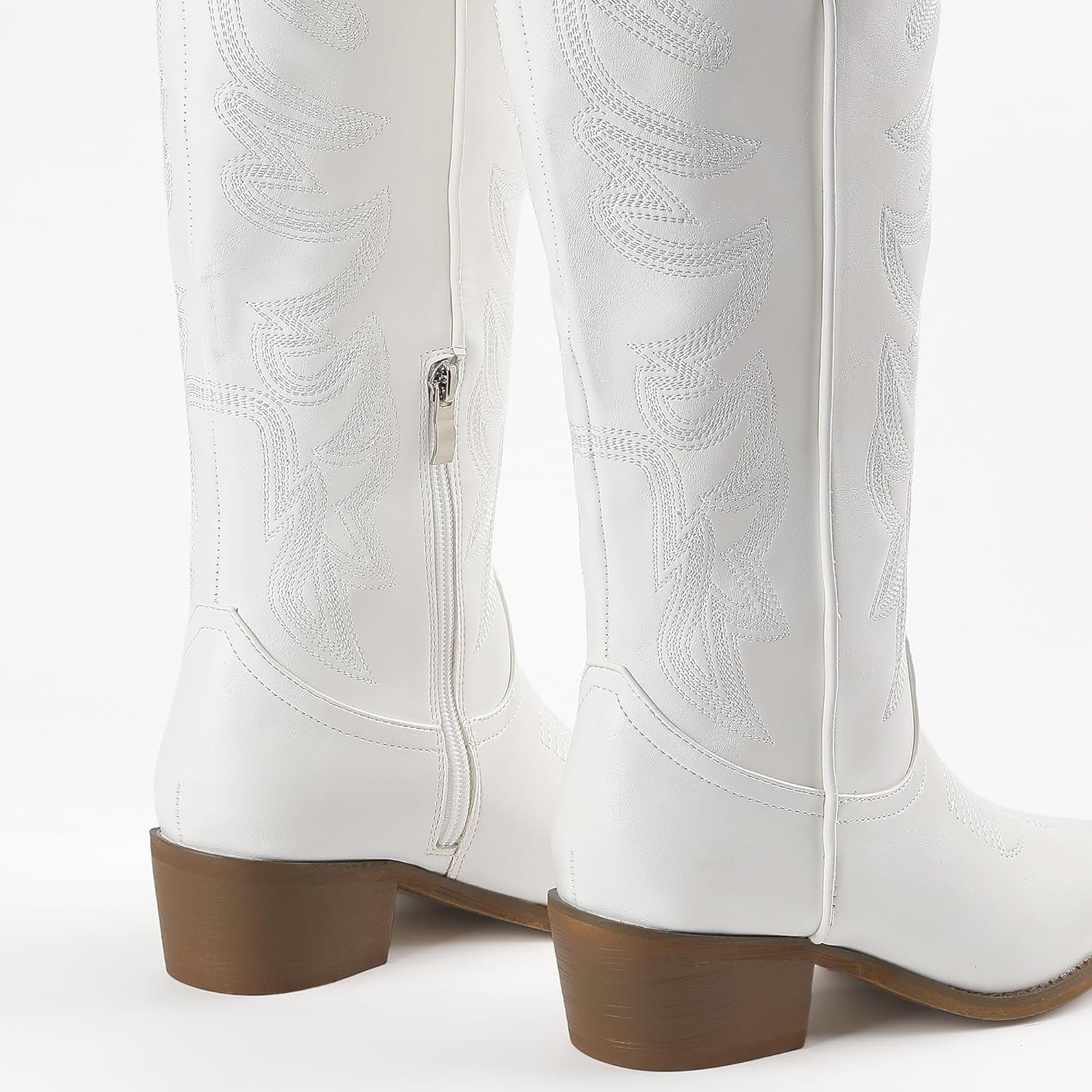 image:imageIDIFU IN2 Cowboy Boots for Women Knee High Cowgirl Western Boot Wide Calf Pointed Toe Embroidered Chunky Low Heel Country Boot with Side Zipper Comfortable Classic Retro Dress BootsWhite Pu