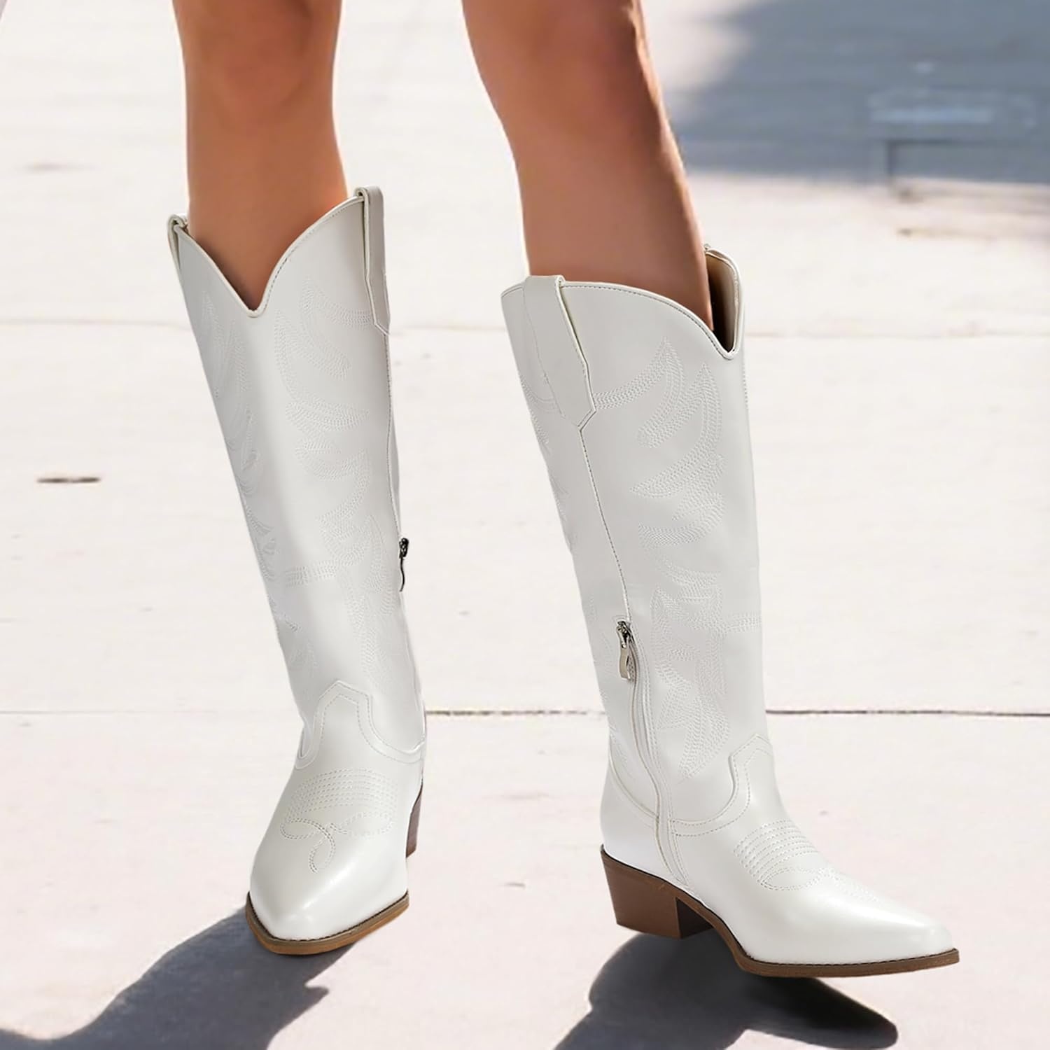 image:imageIDIFU IN2 Cowboy Boots for Women Knee High Cowgirl Western Boot Wide Calf Pointed Toe Embroidered Chunky Low Heel Country Boot with Side Zipper Comfortable Classic Retro Dress BootsWhite Pu