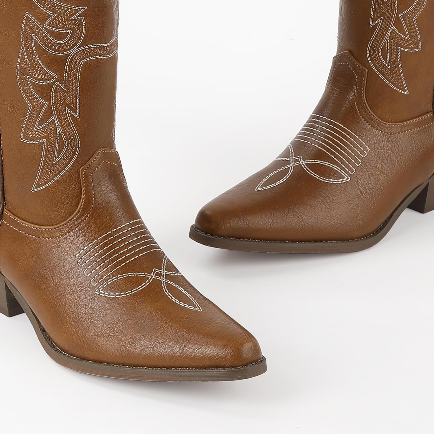 image:imageIDIFU IN2 Cowboy Boots for Women Knee High Cowgirl Western Boot Wide Calf Pointed Toe Embroidered Chunky Low Heel Country Boot with Side Zipper Comfortable Classic Retro Dress BootsBrown Pu