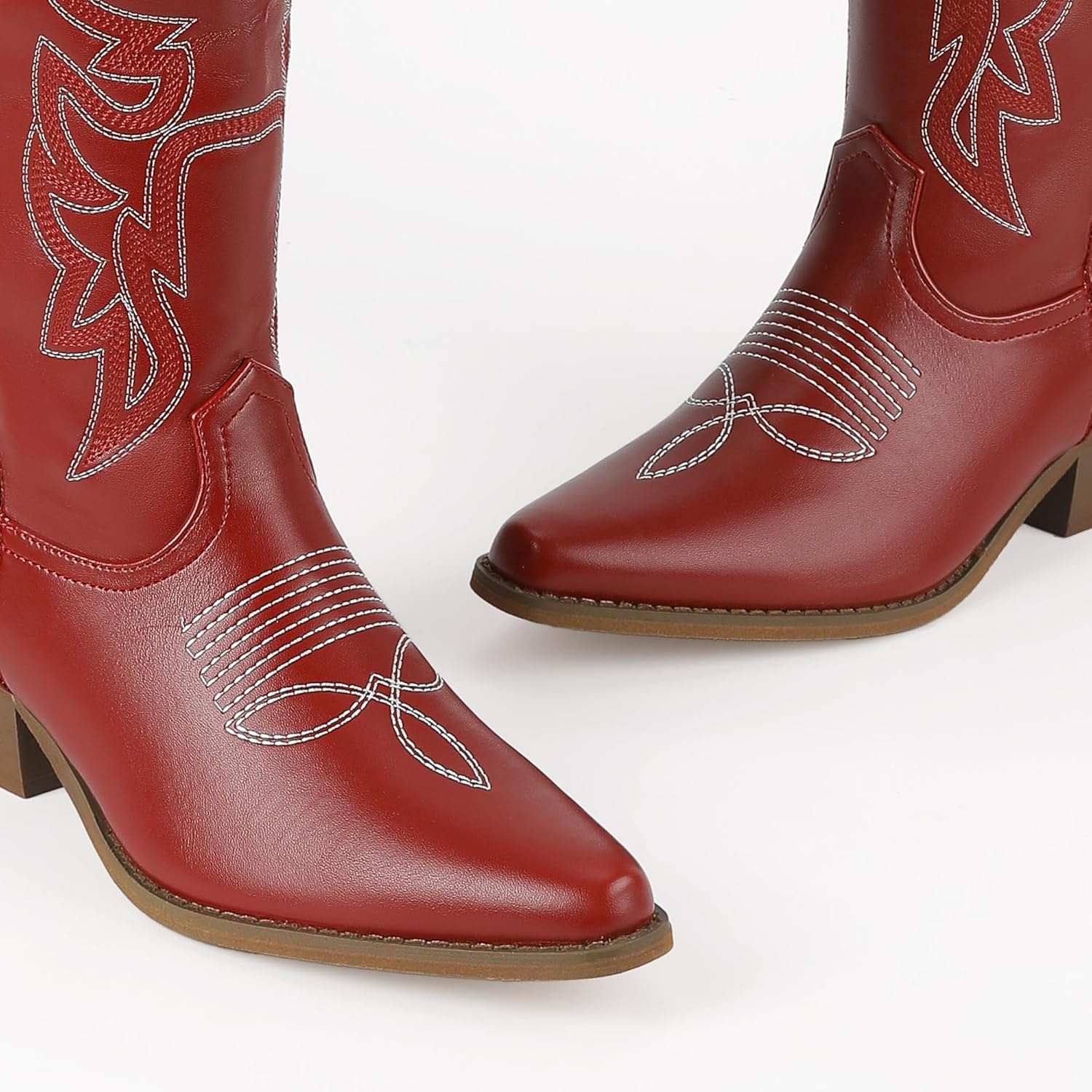 image:imageIDIFU IN2 Cowboy Boots for Women Knee High Cowgirl Western Boot Wide Calf Pointed Toe Embroidered Chunky Low Heel Country Boot with Side Zipper Comfortable Classic Retro Dress BootsRed Pu