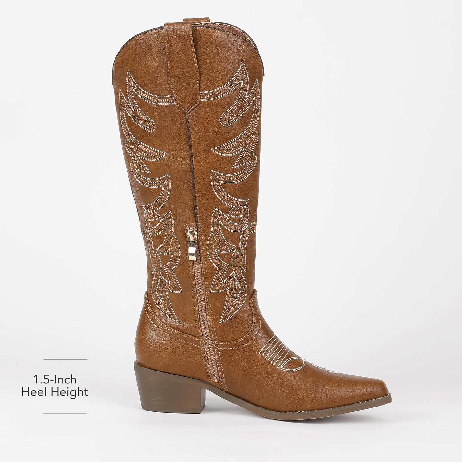 image:imageIDIFU IN2 Cowboy Boots for Women Knee High Cowgirl Western Boot Wide Calf Pointed Toe Embroidered Chunky Low Heel Country Boot with Side Zipper Comfortable Classic Retro Dress BootsBrown Pu