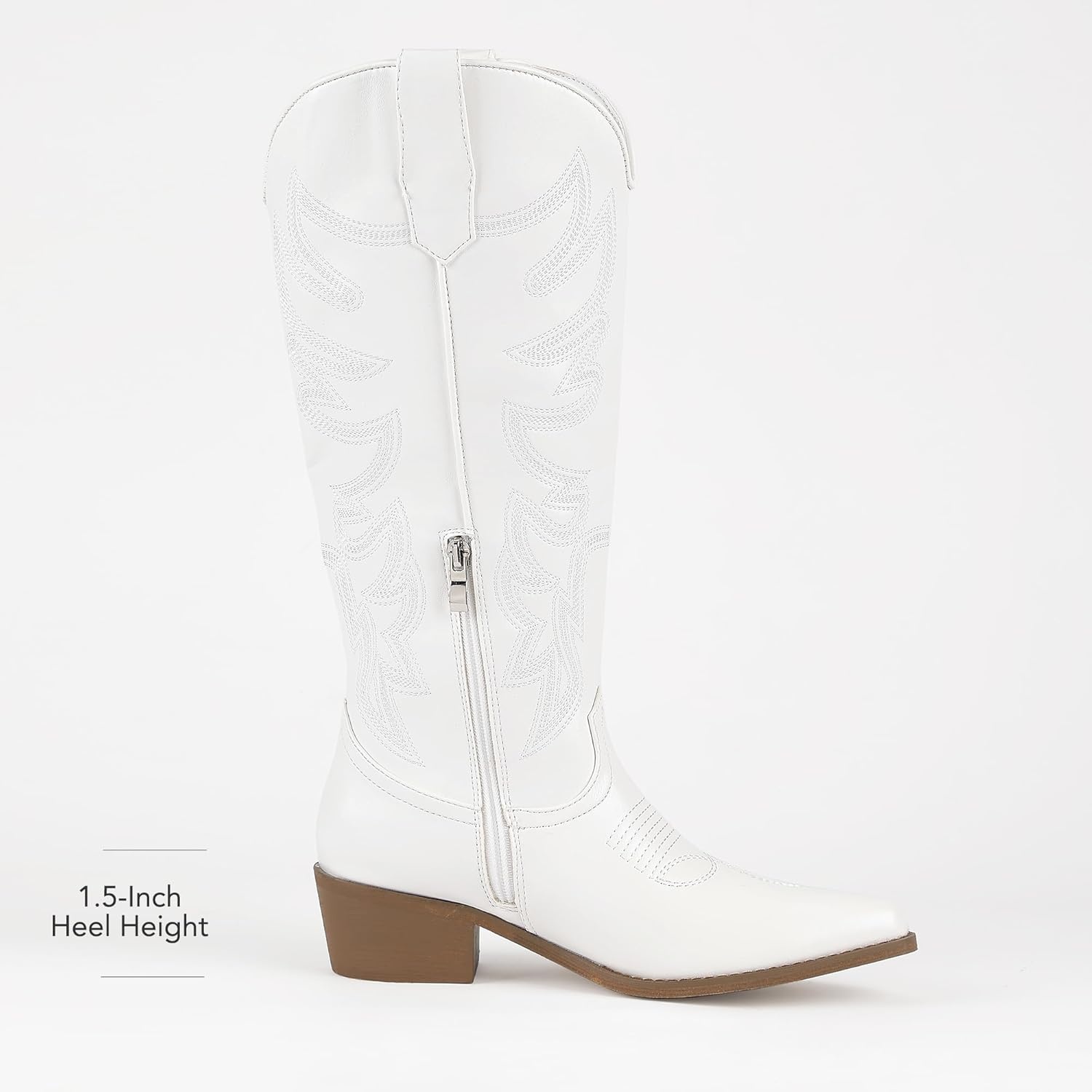 image:imageIDIFU IN2 Cowboy Boots for Women Knee High Cowgirl Western Boot Wide Calf Pointed Toe Embroidered Chunky Low Heel Country Boot with Side Zipper Comfortable Classic Retro Dress BootsWhite Pu