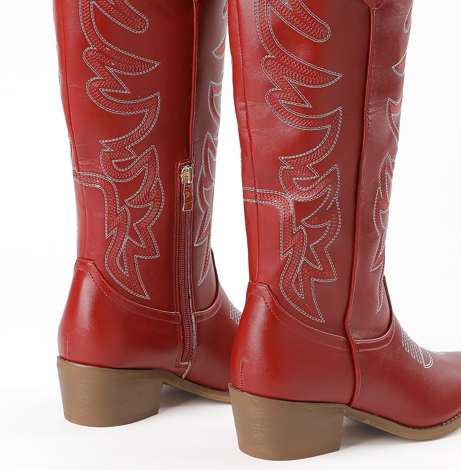 image:imageIDIFU IN2 Cowboy Boots for Women Knee High Cowgirl Western Boot Wide Calf Pointed Toe Embroidered Chunky Low Heel Country Boot with Side Zipper Comfortable Classic Retro Dress BootsRed Pu