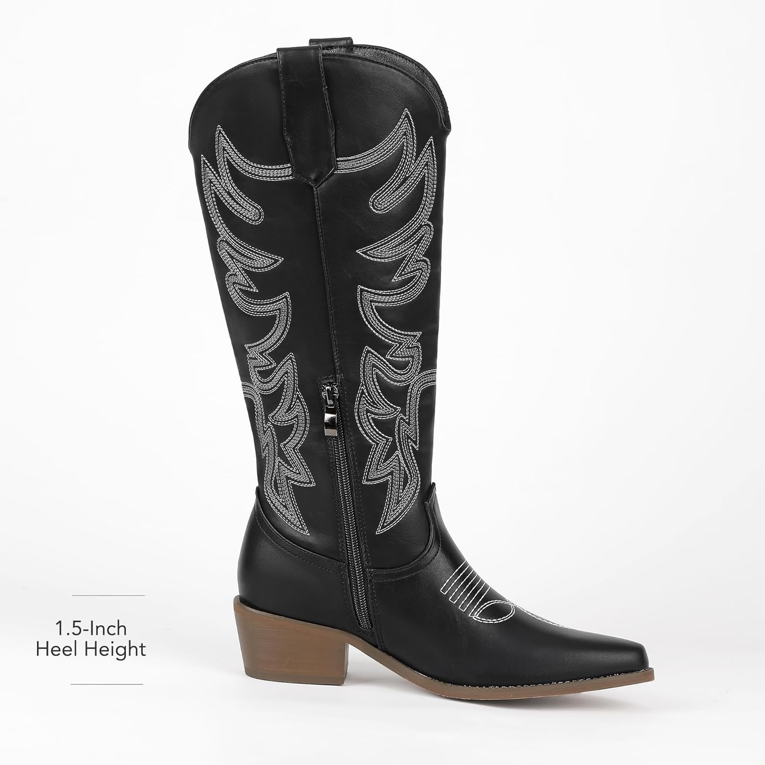 image:imageIDIFU IN2 Cowboy Boots for Women Knee High Cowgirl Western Boot Wide Calf Pointed Toe Embroidered Chunky Low Heel Country Boot with Side Zipper Comfortable Classic Retro Dress BootsBlack Pu