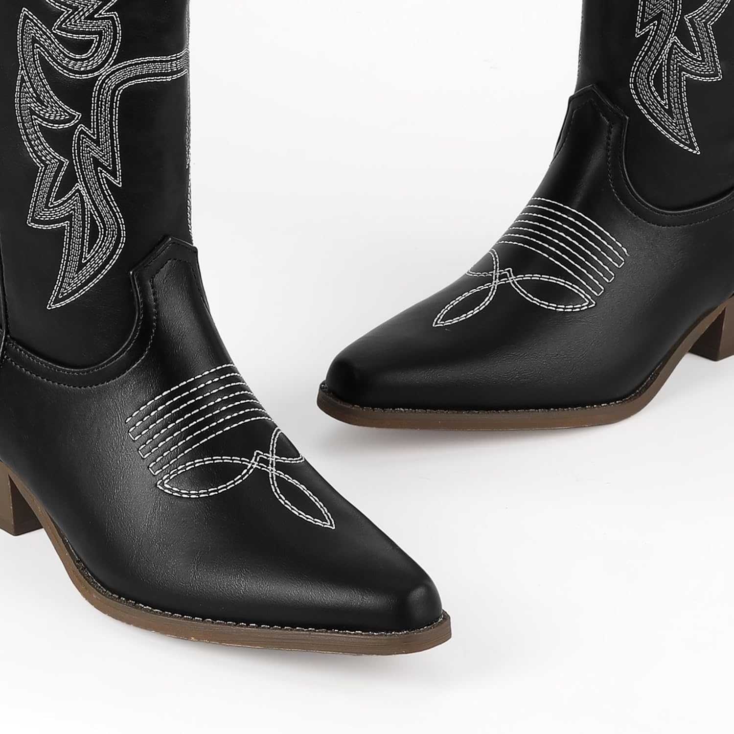 image:imageIDIFU IN2 Cowboy Boots for Women Knee High Cowgirl Western Boot Wide Calf Pointed Toe Embroidered Chunky Low Heel Country Boot with Side Zipper Comfortable Classic Retro Dress BootsBlack Pu