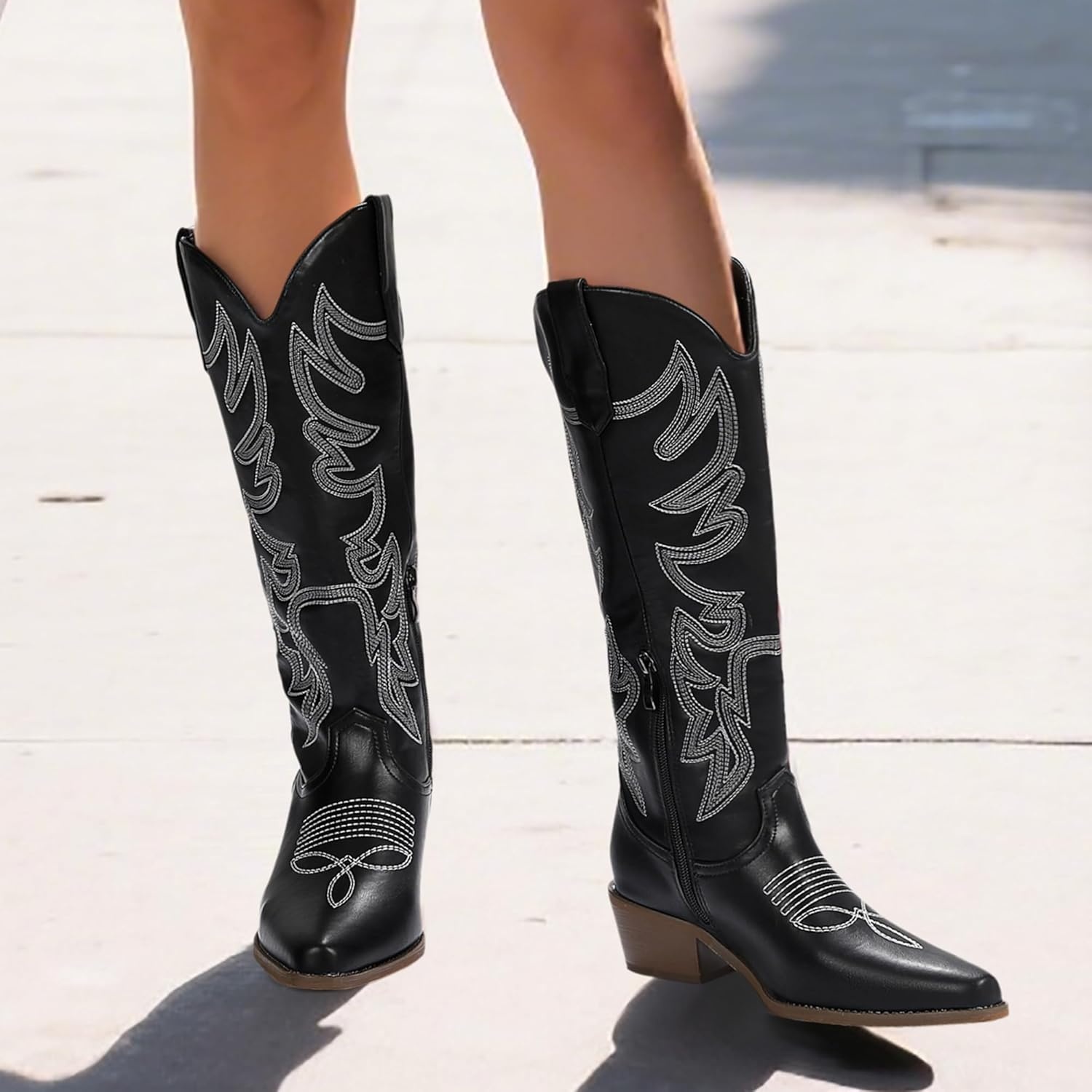 image:imageIDIFU IN2 Cowboy Boots for Women Knee High Cowgirl Western Boot Wide Calf Pointed Toe Embroidered Chunky Low Heel Country Boot with Side Zipper Comfortable Classic Retro Dress BootsBlack Pu