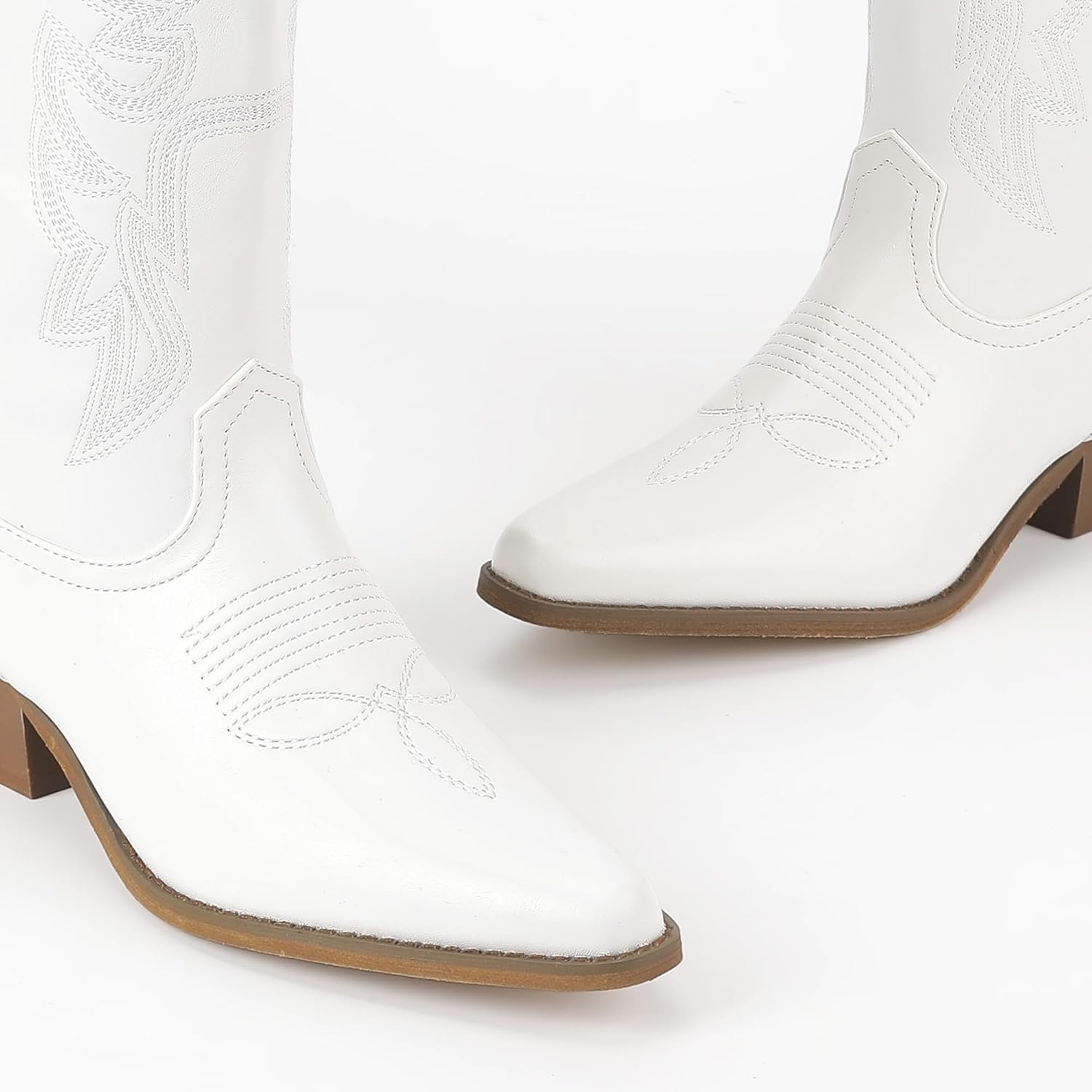 image:imageIDIFU IN2 Cowboy Boots for Women Knee High Cowgirl Western Boot Wide Calf Pointed Toe Embroidered Chunky Low Heel Country Boot with Side Zipper Comfortable Classic Retro Dress BootsWhite Pu