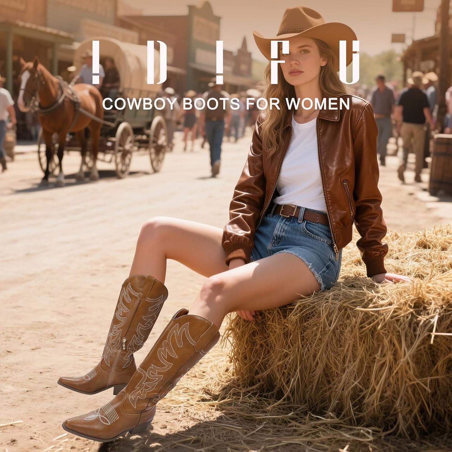 image:imageIDIFU IN2 Cowboy Boots for Women Knee High Cowgirl Western Boot Wide Calf Pointed Toe Embroidered Chunky Low Heel Country Boot with Side Zipper Comfortable Classic Retro Dress BootsBrown Pu