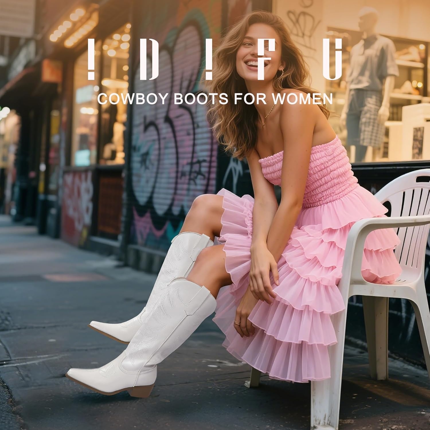 image:imageIDIFU IN2 Cowboy Boots for Women Knee High Cowgirl Western Boot Wide Calf Pointed Toe Embroidered Chunky Low Heel Country Boot with Side Zipper Comfortable Classic Retro Dress BootsWhite Pu