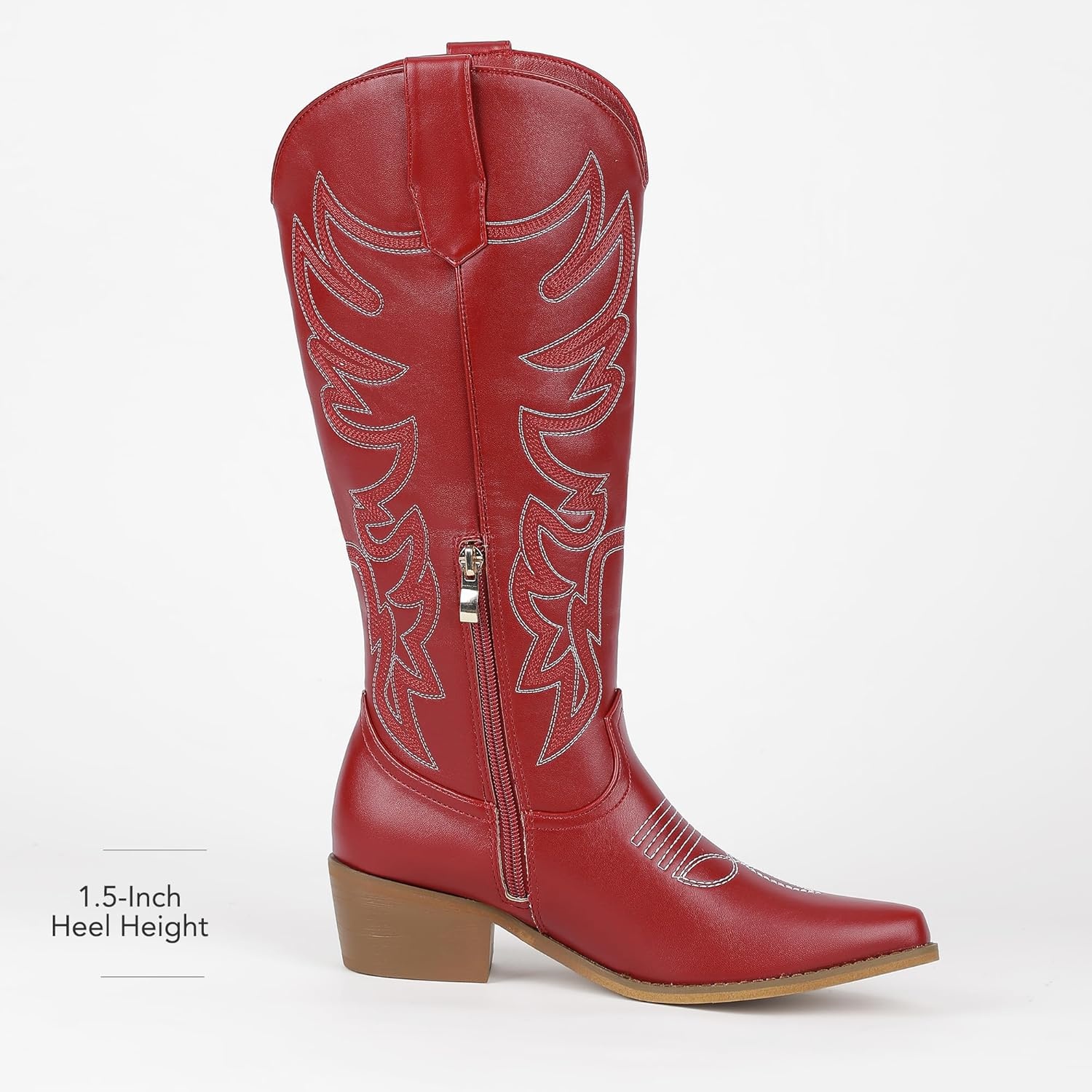 image:imageIDIFU IN2 Cowboy Boots for Women Knee High Cowgirl Western Boot Wide Calf Pointed Toe Embroidered Chunky Low Heel Country Boot with Side Zipper Comfortable Classic Retro Dress BootsRed Pu