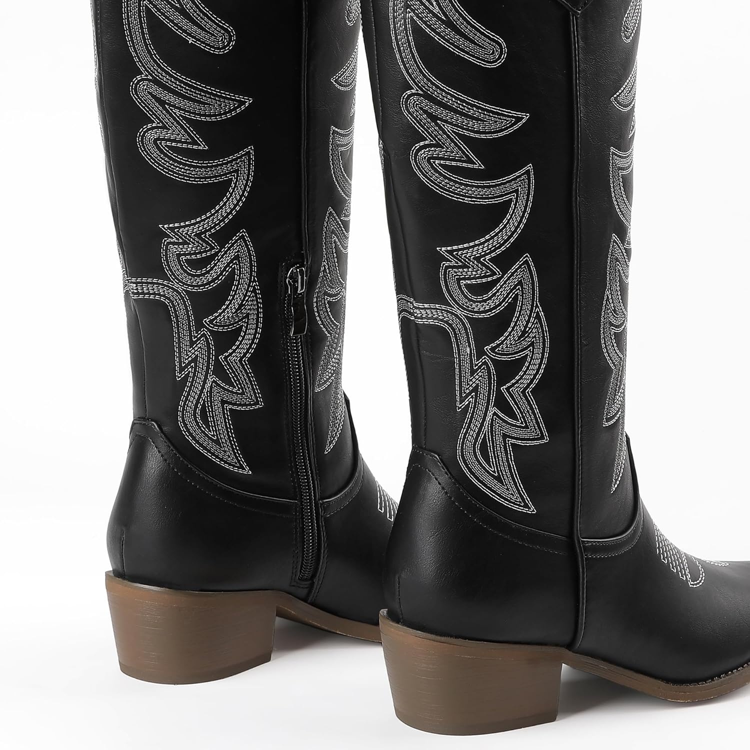 image:imageIDIFU IN2 Cowboy Boots for Women Knee High Cowgirl Western Boot Wide Calf Pointed Toe Embroidered Chunky Low Heel Country Boot with Side Zipper Comfortable Classic Retro Dress BootsBlack Pu