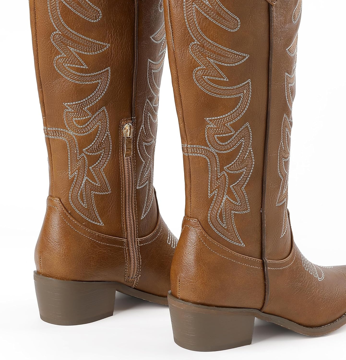 image:imageIDIFU IN2 Cowboy Boots for Women Knee High Cowgirl Western Boot Wide Calf Pointed Toe Embroidered Chunky Low Heel Country Boot with Side Zipper Comfortable Classic Retro Dress BootsBrown Pu