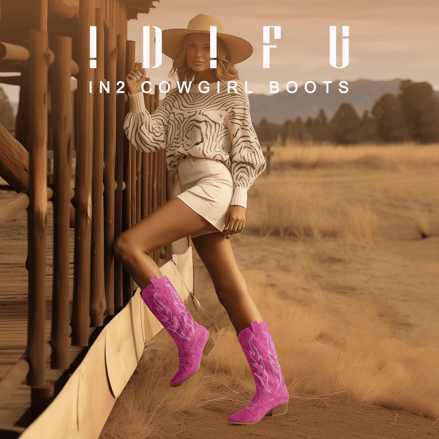 image:imageIDIFU IN2 Cowboy Boots for Women Mid Calf Cowgirl Boots Embroidered Western Boots Chunky Low Heel Pointed Toe Country Boots Cute Fashion Booties for Women Dress Wedding Heeled BootsHot Pink