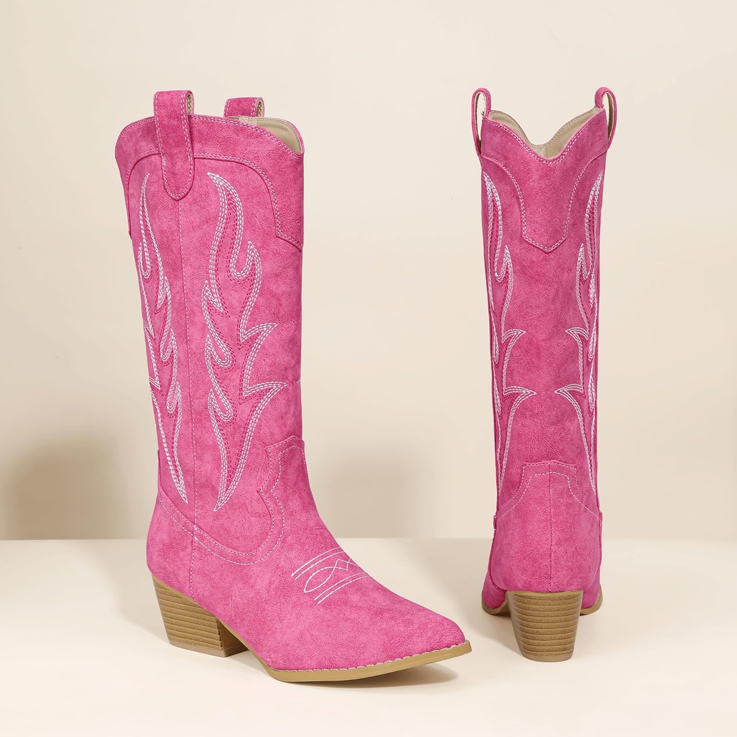 image:imageIDIFU IN2 Cowboy Boots for Women Mid Calf Cowgirl Boots Embroidered Western Boots Chunky Low Heel Pointed Toe Country Boots Cute Fashion Booties for Women Dress Wedding Heeled BootsHot Pink