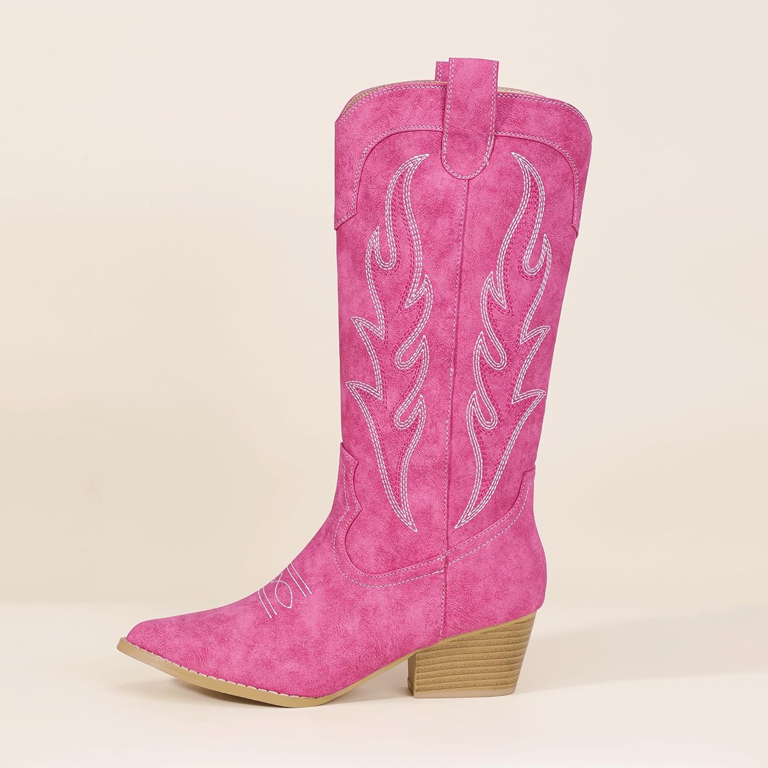 image:imageIDIFU IN2 Cowboy Boots for Women Mid Calf Cowgirl Boots Embroidered Western Boots Chunky Low Heel Pointed Toe Country Boots Cute Fashion Booties for Women Dress Wedding Heeled BootsHot Pink