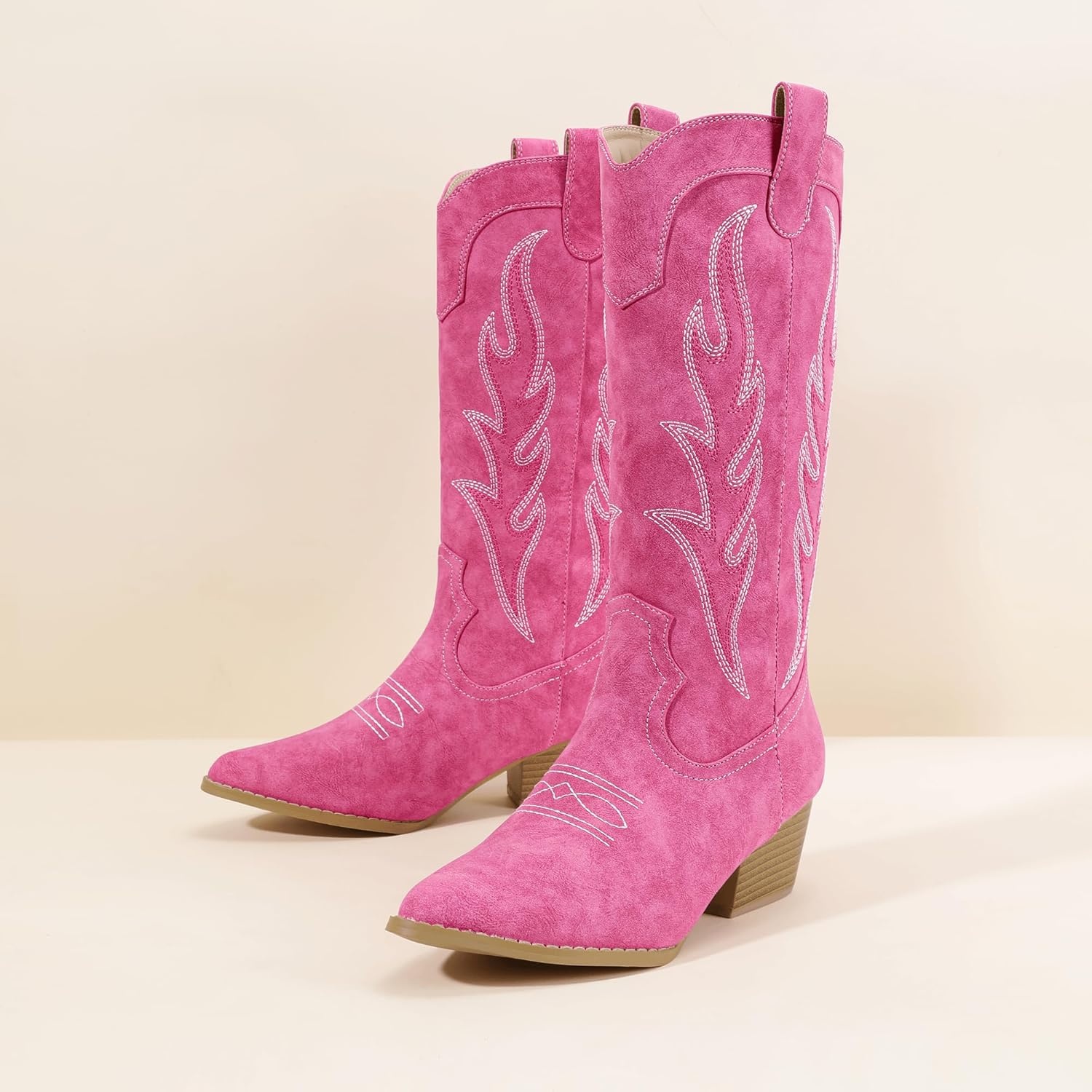 image:imageIDIFU IN2 Cowboy Boots for Women Mid Calf Cowgirl Boots Embroidered Western Boots Chunky Low Heel Pointed Toe Country Boots Cute Fashion Booties for Women Dress Wedding Heeled BootsHot Pink
