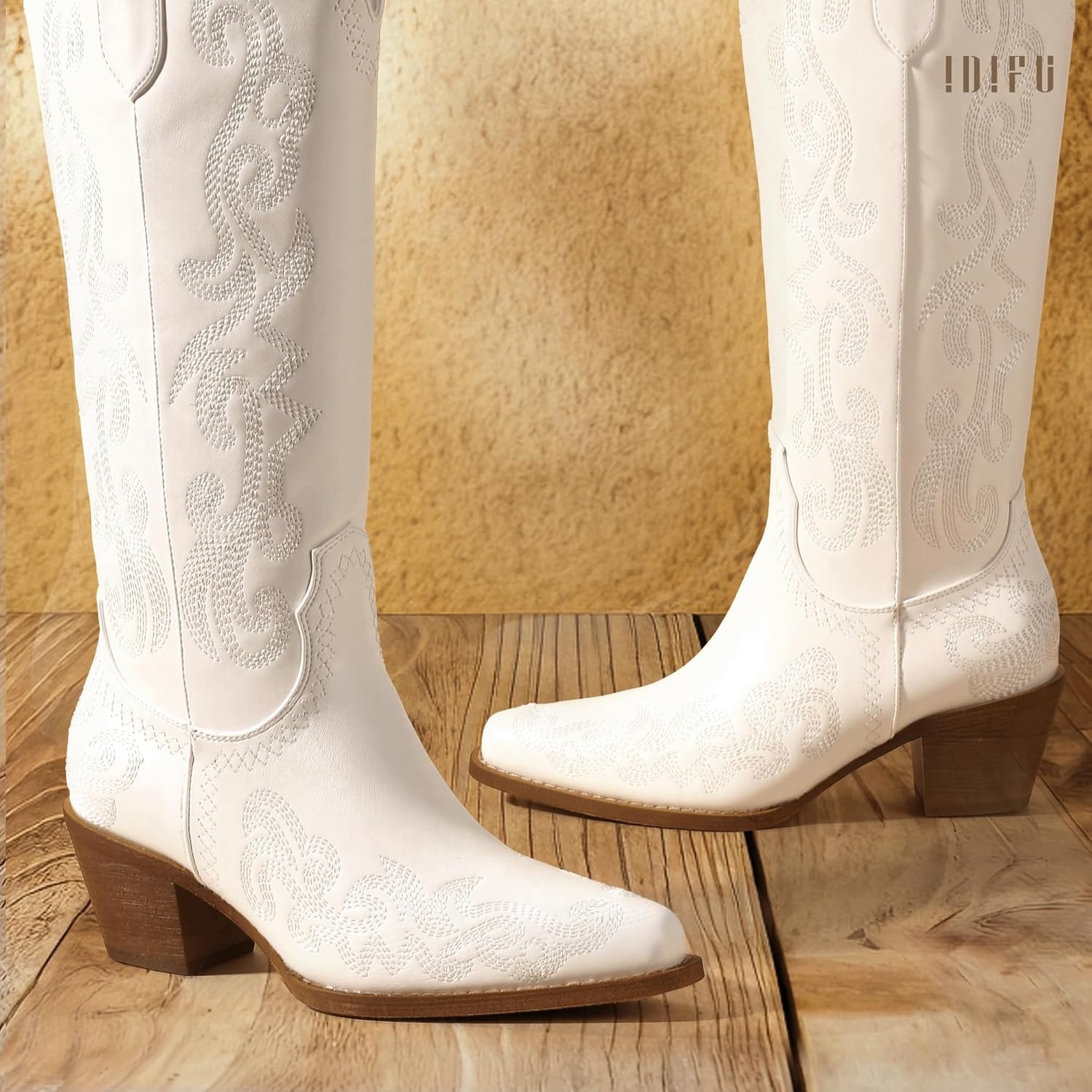 image:imageIDIFU IN2 Cowboy Boots for Women Western Cowgirl Knee High Long Boots Low Chunky Block Heel Pointed Toe Fashion Dressy Embroidered Wedding Country Concert Heeled BootsWhite