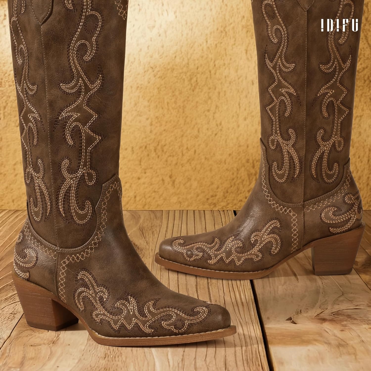 image:imageIDIFU IN2 Cowboy Boots for Women Western Cowgirl Knee High Long Boots Low Chunky Block Heel Pointed Toe Fashion Dressy Embroidered Wedding Country Concert Heeled BootsBrown