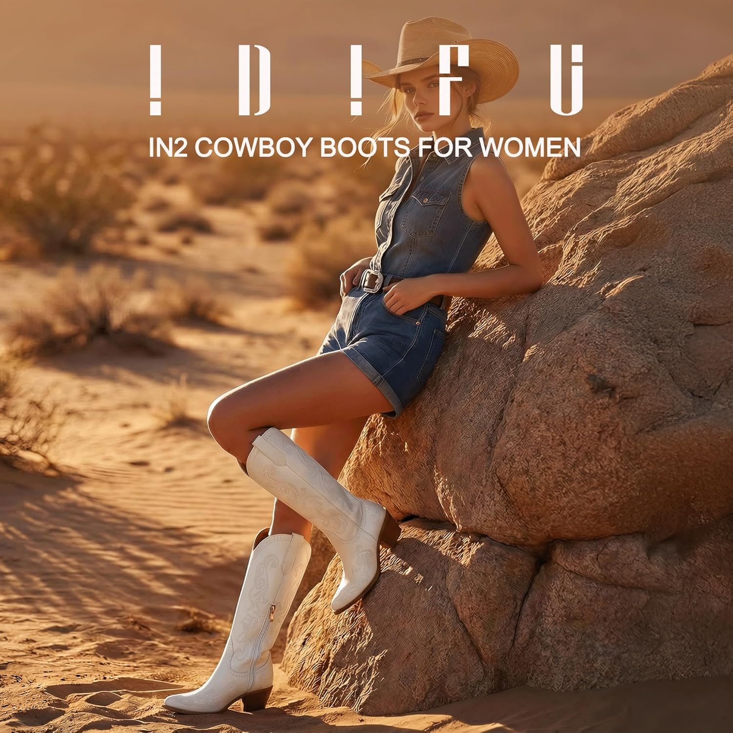 image:imageIDIFU IN2 Cowboy Boots for Women Western Cowgirl Knee High Long Boots Low Chunky Block Heel Pointed Toe Fashion Dressy Embroidered Wedding Country Concert Heeled BootsWhite