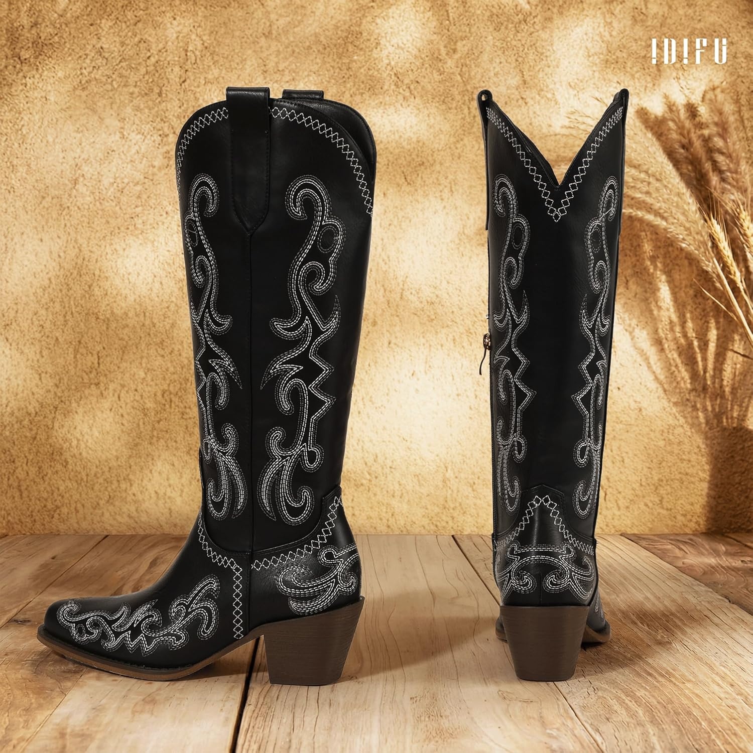 image:imageIDIFU IN2 Cowboy Boots for Women Western Cowgirl Knee High Long Boots Low Chunky Block Heel Pointed Toe Fashion Dressy Embroidered Wedding Country Concert Heeled BootsBlack