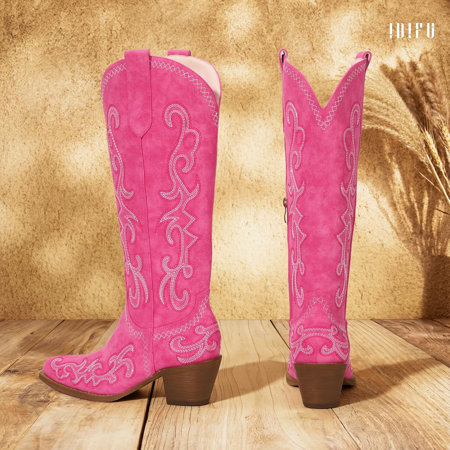 image:imageIDIFU IN2 Cowboy Boots for Women Western Cowgirl Knee High Long Boots Low Chunky Block Heel Pointed Toe Fashion Dressy Embroidered Wedding Country Concert Heeled BootsHot Pink