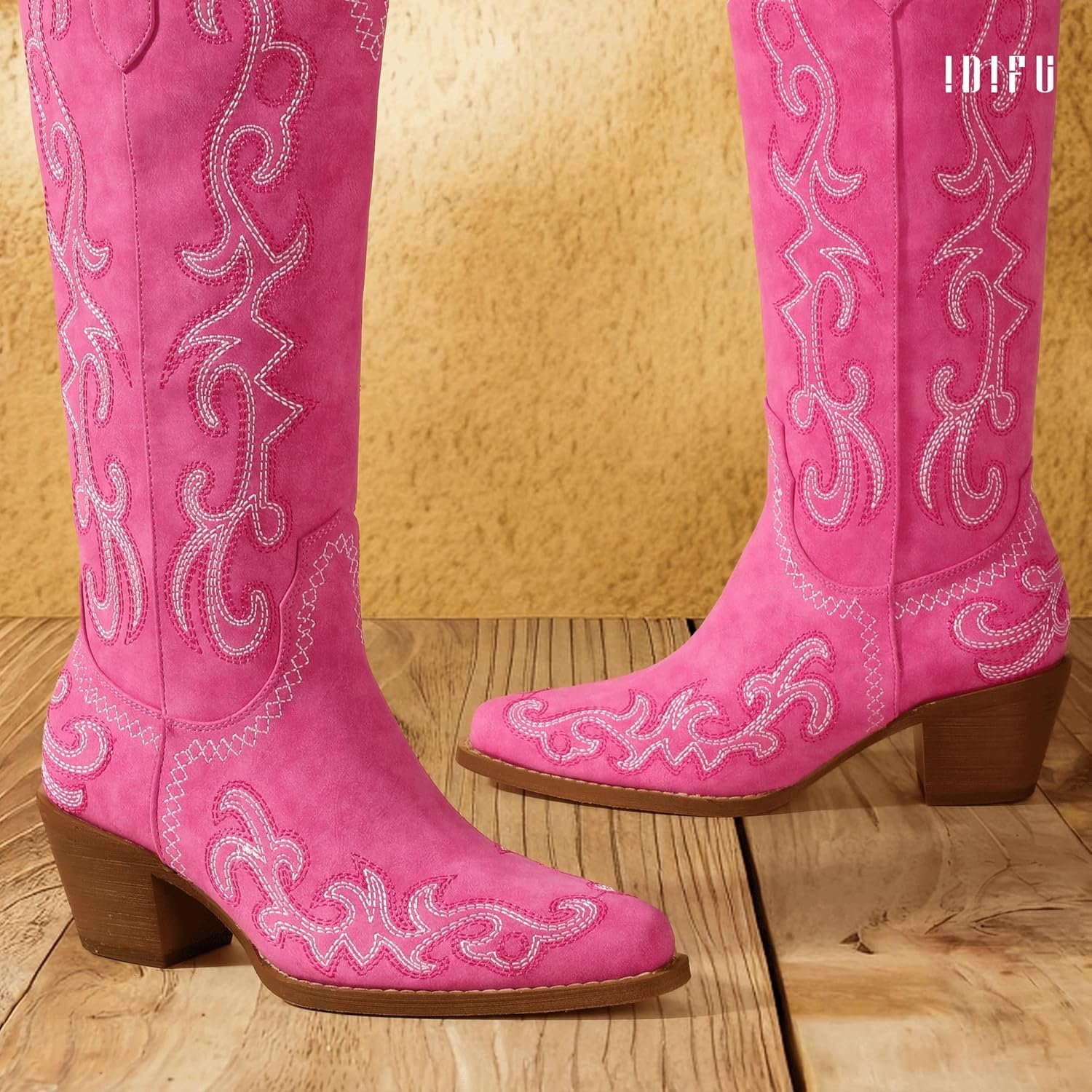 image:imageIDIFU IN2 Cowboy Boots for Women Western Cowgirl Knee High Long Boots Low Chunky Block Heel Pointed Toe Fashion Dressy Embroidered Wedding Country Concert Heeled BootsHot Pink
