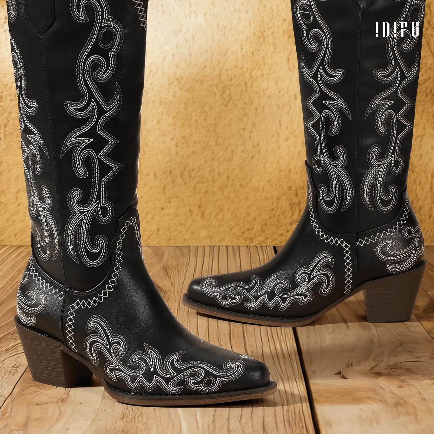 image:imageIDIFU IN2 Cowboy Boots for Women Western Cowgirl Knee High Long Boots Low Chunky Block Heel Pointed Toe Fashion Dressy Embroidered Wedding Country Concert Heeled BootsBlack