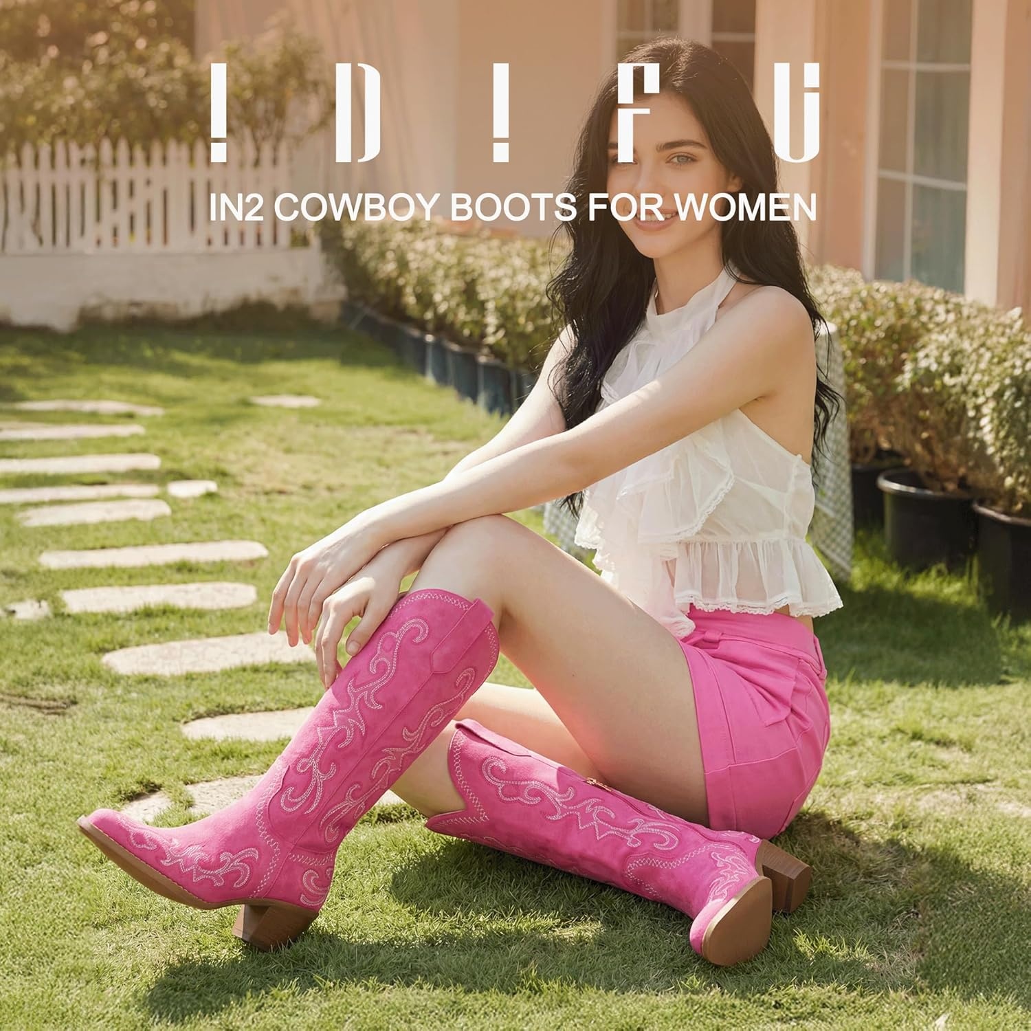 image:imageIDIFU IN2 Cowboy Boots for Women Western Cowgirl Knee High Long Boots Low Chunky Block Heel Pointed Toe Fashion Dressy Embroidered Wedding Country Concert Heeled BootsHot Pink