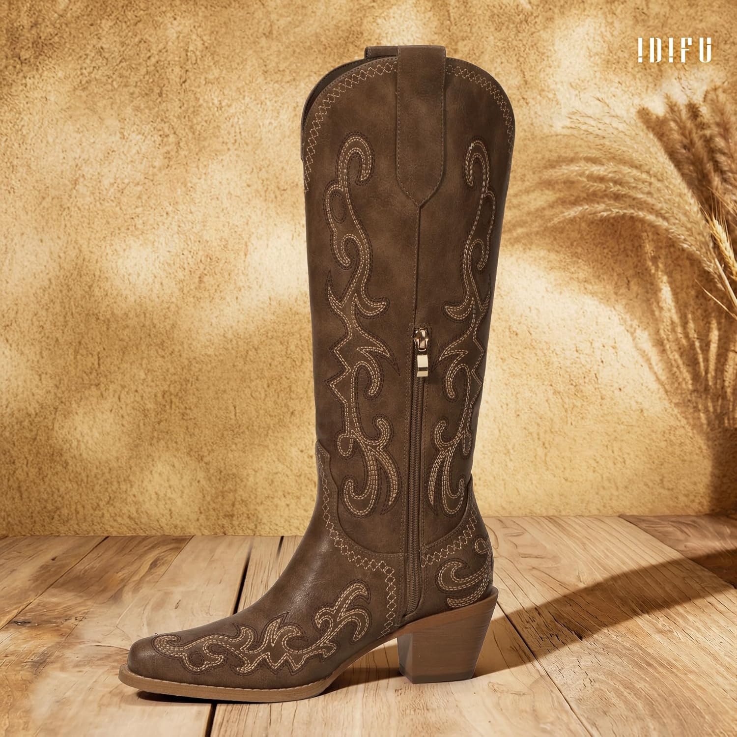 image:imageIDIFU IN2 Cowboy Boots for Women Western Cowgirl Knee High Long Boots Low Chunky Block Heel Pointed Toe Fashion Dressy Embroidered Wedding Country Concert Heeled BootsBrown