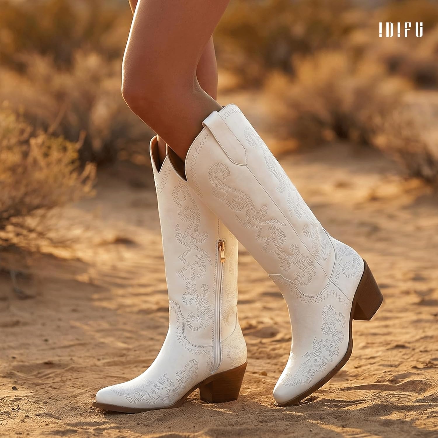 image:imageIDIFU IN2 Cowboy Boots for Women Western Cowgirl Knee High Long Boots Low Chunky Block Heel Pointed Toe Fashion Dressy Embroidered Wedding Country Concert Heeled BootsWhite
