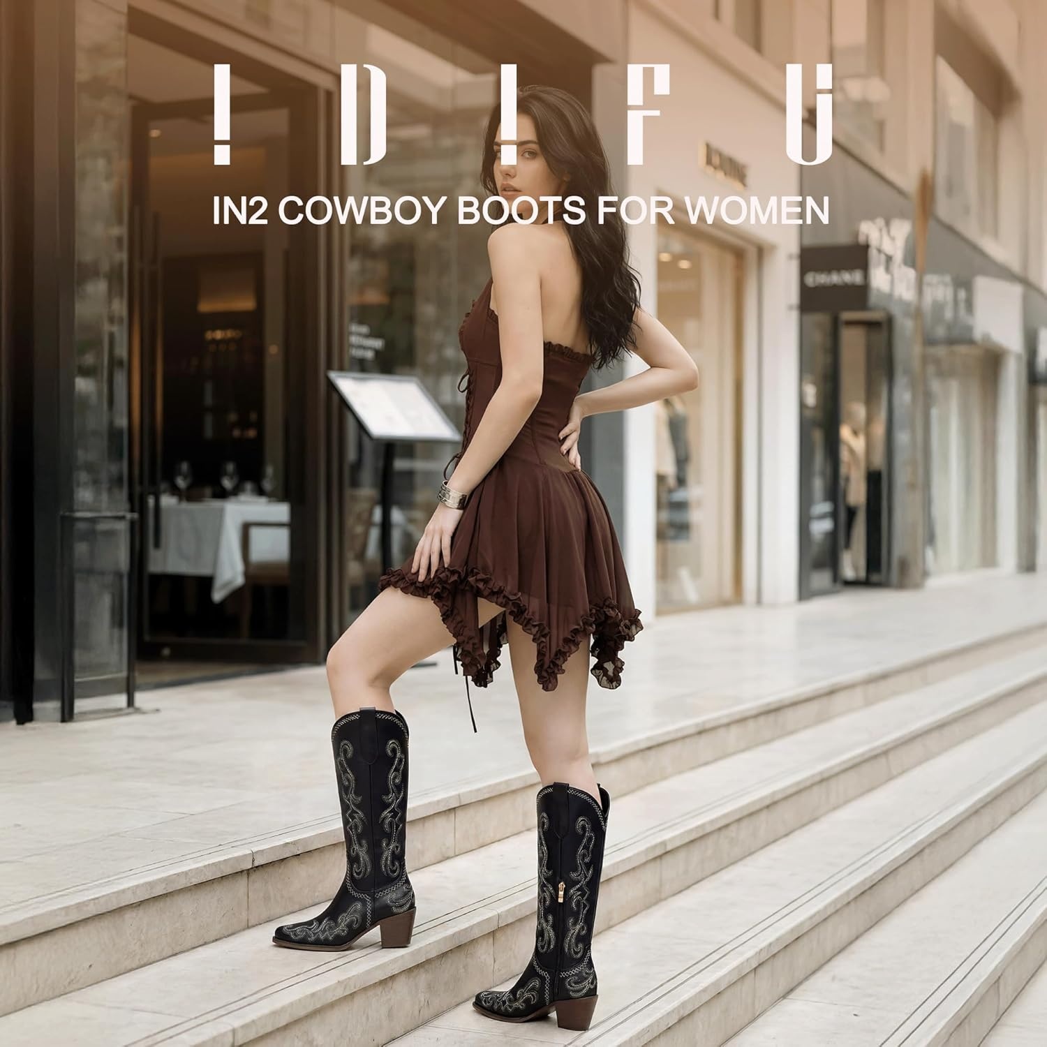 image:imageIDIFU IN2 Cowboy Boots for Women Western Cowgirl Knee High Long Boots Low Chunky Block Heel Pointed Toe Fashion Dressy Embroidered Wedding Country Concert Heeled BootsBlack