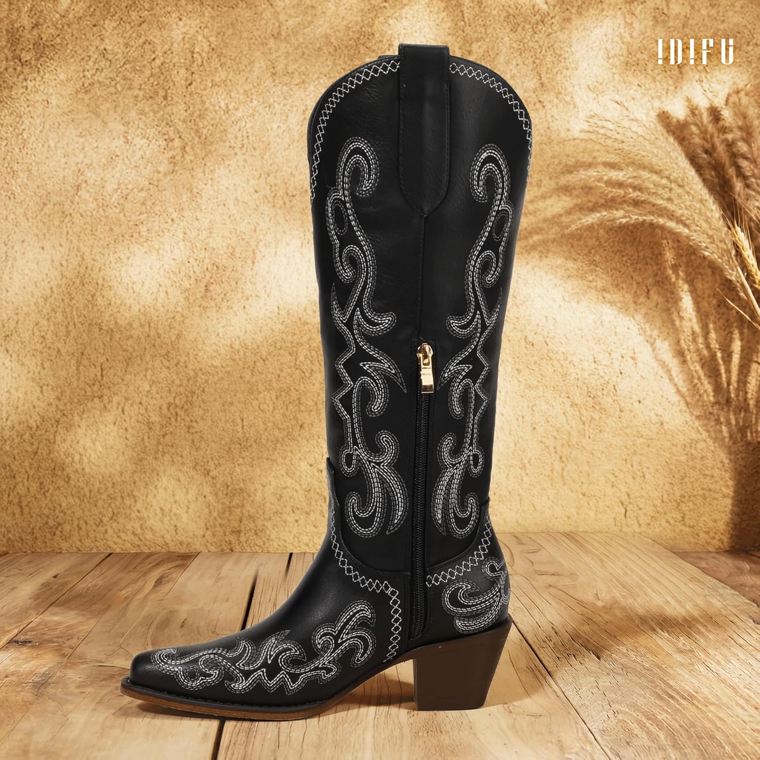 image:imageIDIFU IN2 Cowboy Boots for Women Western Cowgirl Knee High Long Boots Low Chunky Block Heel Pointed Toe Fashion Dressy Embroidered Wedding Country Concert Heeled BootsBlack