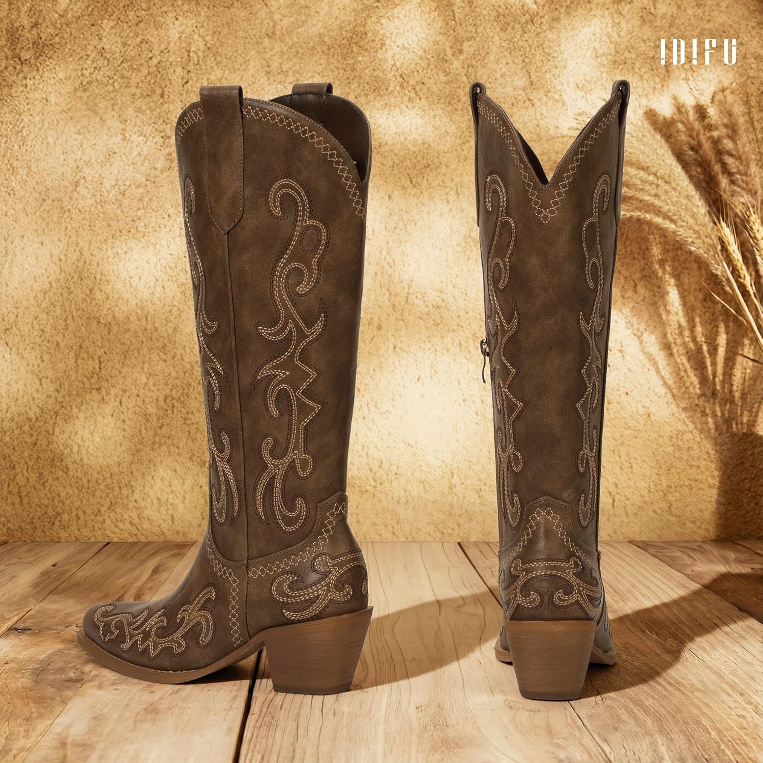 image:imageIDIFU IN2 Cowboy Boots for Women Western Cowgirl Knee High Long Boots Low Chunky Block Heel Pointed Toe Fashion Dressy Embroidered Wedding Country Concert Heeled BootsBrown