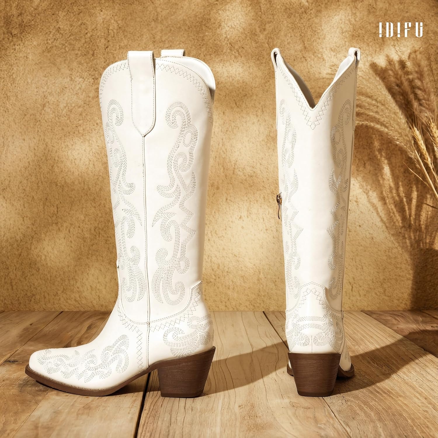 image:imageIDIFU IN2 Cowboy Boots for Women Western Cowgirl Knee High Long Boots Low Chunky Block Heel Pointed Toe Fashion Dressy Embroidered Wedding Country Concert Heeled BootsWhite