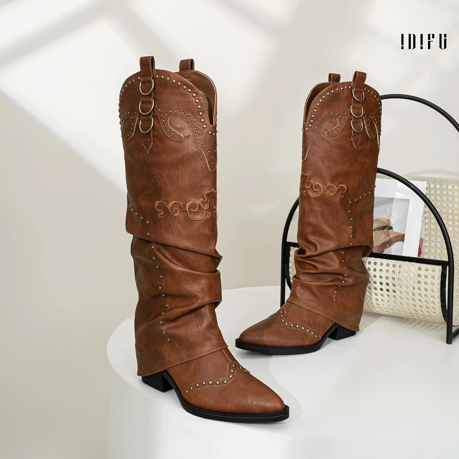 image:imageIDIFU IN2 Fold Over Cowboy Boots for Women Cowgirl Knee High Western Embroidered Pointed Toe Slouchy Low Short Block Chunky Heel Zipper Comfort Fashion Cute Trendy Prom Dressy Fall BootsBrown Pu