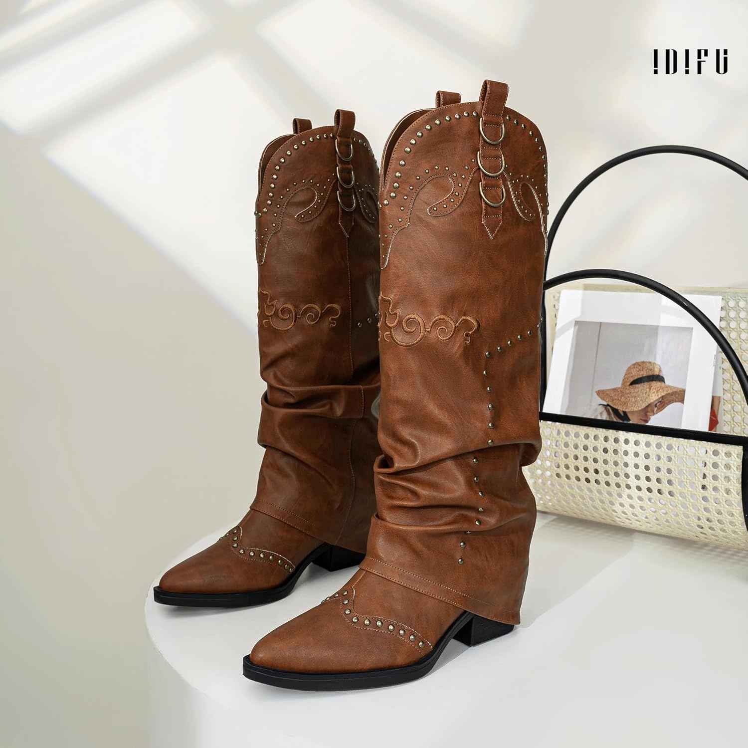 image:imageIDIFU IN2 Fold Over Cowboy Boots for Women Cowgirl Knee High Western Embroidered Pointed Toe Slouchy Low Short Block Chunky Heel Zipper Comfort Fashion Cute Trendy Prom Dressy Fall BootsBrown Pu
