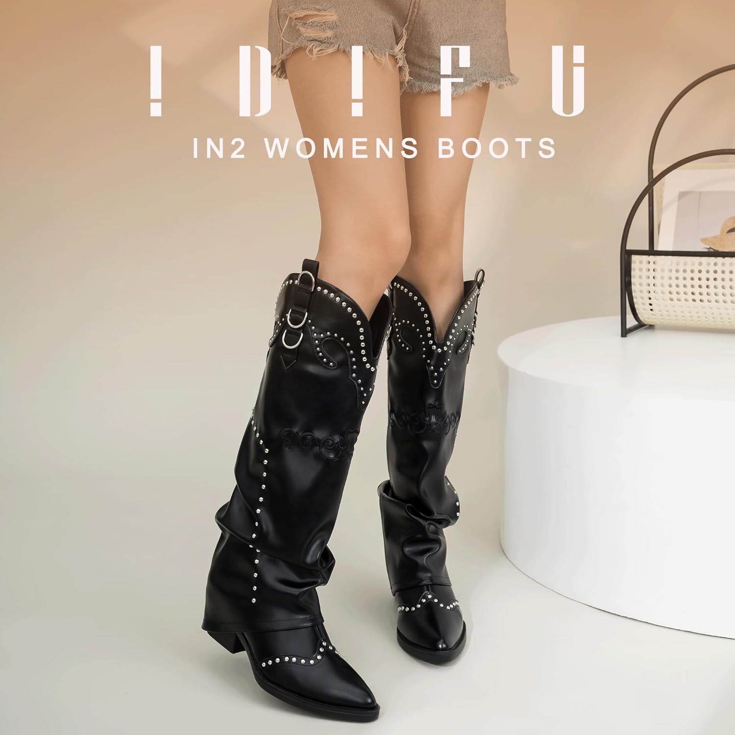 image:imageIDIFU IN2 Fold Over Cowboy Boots for Women Cowgirl Knee High Western Embroidered Pointed Toe Slouchy Low Short Block Chunky Heel Zipper Comfort Fashion Cute Trendy Prom Dressy Fall BootsBlack Pu