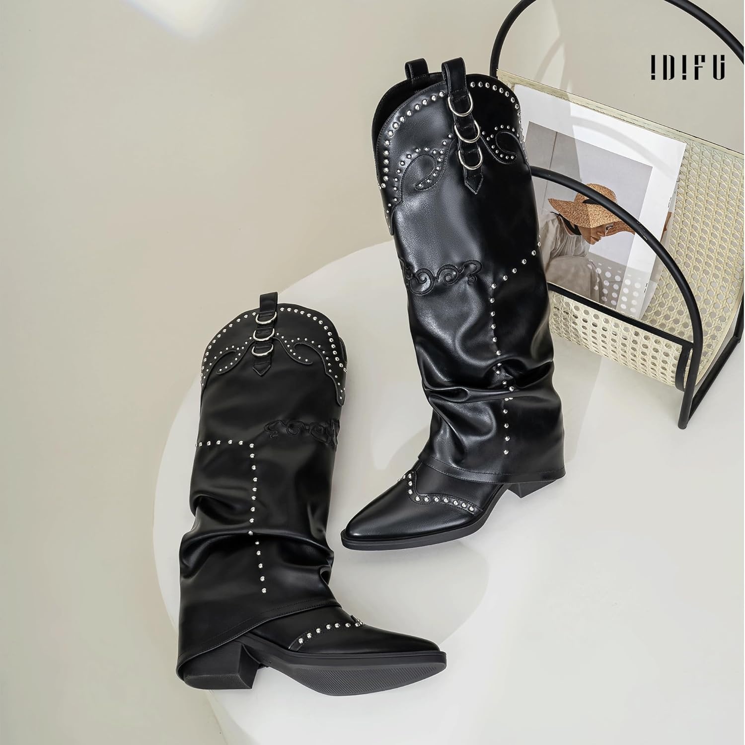 image:imageIDIFU IN2 Fold Over Cowboy Boots for Women Cowgirl Knee High Western Embroidered Pointed Toe Slouchy Low Short Block Chunky Heel Zipper Comfort Fashion Cute Trendy Prom Dressy Fall BootsBlack Pu