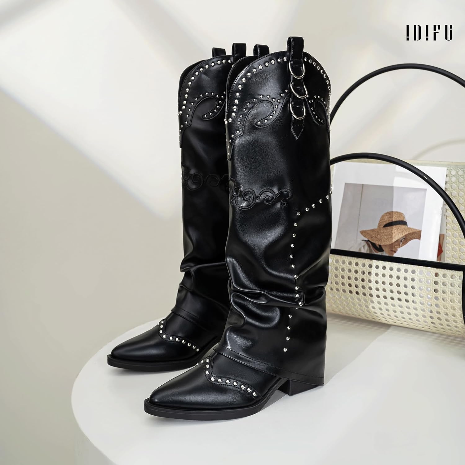 image:imageIDIFU IN2 Fold Over Cowboy Boots for Women Cowgirl Knee High Western Embroidered Pointed Toe Slouchy Low Short Block Chunky Heel Zipper Comfort Fashion Cute Trendy Prom Dressy Fall BootsBlack Pu